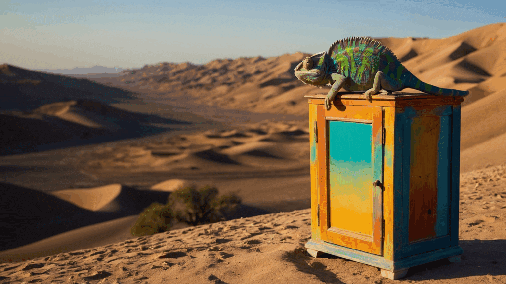 Dangerous Lizard with a good view of all approaches is protecting a file cabinet of secrets from would-be attackers